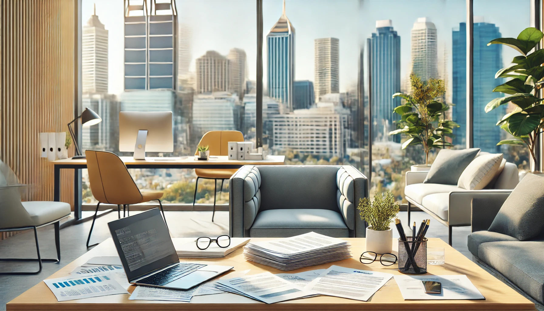 office of a settlement agent with a view with documents for property settlement on the table